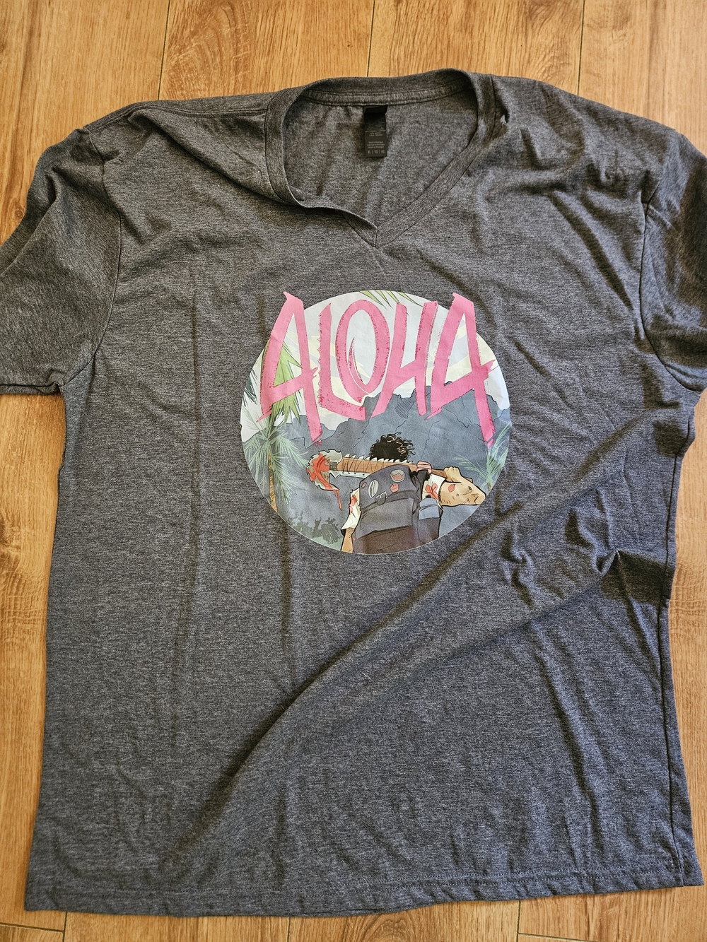 Gildan Charcoal V-Neck T-Shirt with Pink ALOHA Graphic